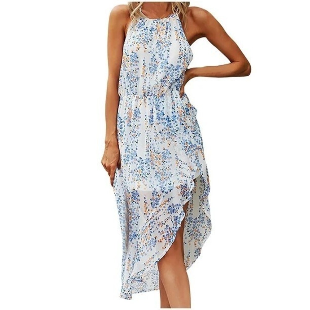 Summer Floral Chiffon Dress Women's XL Halter Sleeveless Flowy Casual Long Dress